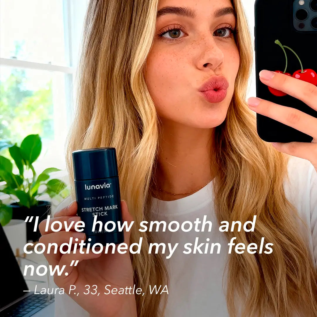 Woman holding Lunavia™ Stretch Mark Stick with review about smooth, conditioned skin