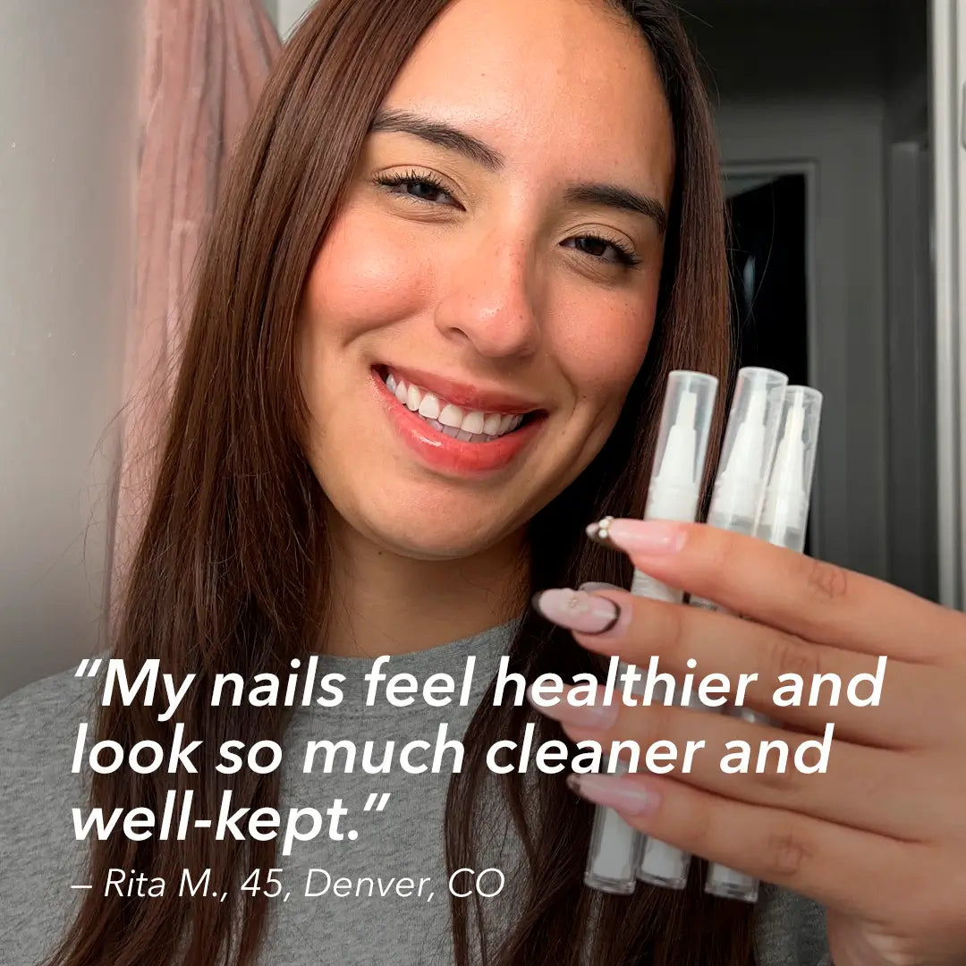 Woman holding Lunavia™ Nail Strengthening Pens with review about healthier nails