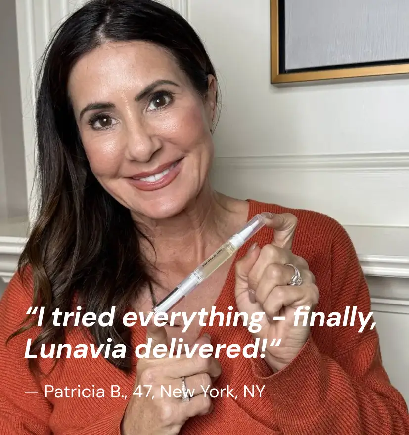 Woman holding Lunavia antifungal pen with testimonial about positive results