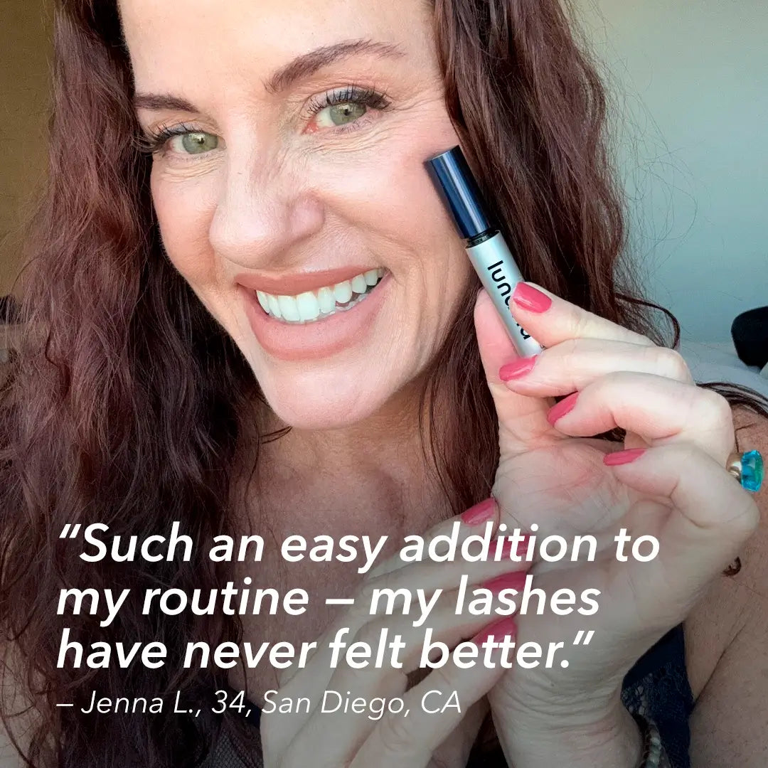 Woman holding eyelash serum with review about easier routine and better lashes